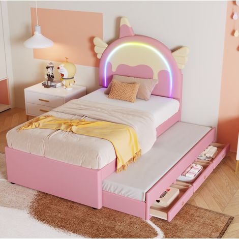Lit avec tiroirs 90x200 licorne enfant PU rose HAVRYA (1/5)