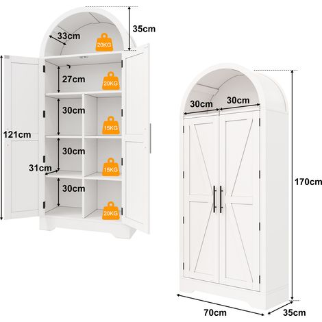 Armoire haute voûtée 170x70x35cm, buffet de cuisine, vitrine, cave à vin, avec étagère au-dessus de la porte et partie supérieure ouverte, idéale pour cuisine, salle à manger, salon et chambre, blanc (1/5)