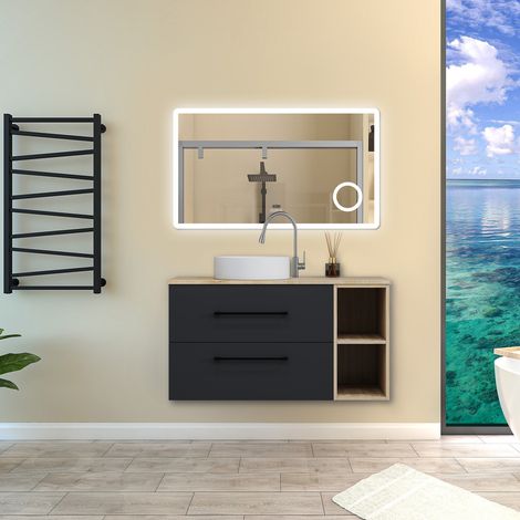 Biubiubath Ensemble meuble de Salle de Bain avec Vasque + 2 Rangements Ouverts, 100x46x52cm, Miroir Bluetooth avec Horloge et Loupe