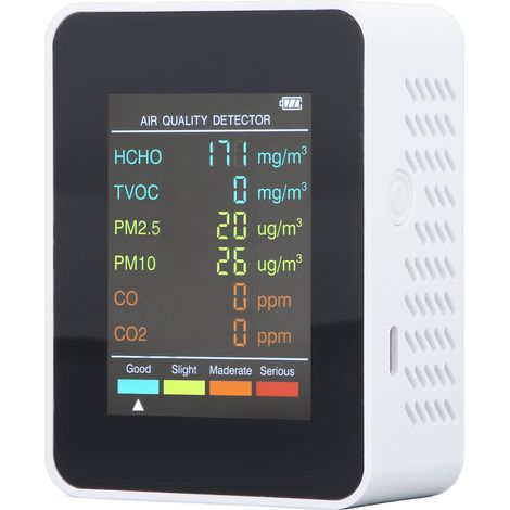 Moniteur de qualité de l'air portable avec écran LCD rétroéclairé, détecteur de CO2, COVT, HCHO, PM2.5 et PM10, avec alarme, blanc (1/5)