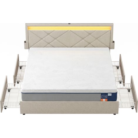 Lit Adulte LED avec Rangement et Matelas, Ensemble, 4 Tiroirs, Ports USB, 140 x 190 cm, Beige et Bleu (1/5)