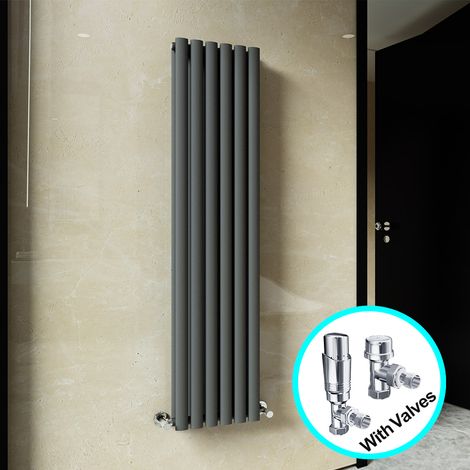 ELEGANT Central Heating Radiator 1600 x 354mm Vertical Anthracite Double Panel Oval Column Rad + Chrome Thermostatic Radiator Valves (1/5)