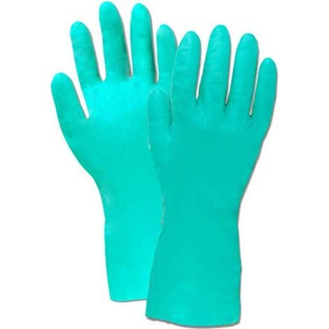 Gants en nitrile – Résistants aux produits chimiques, à l'huile et aux pesticides, nettoyage ménager, etc. – Vert, 1 paire, 33 cm, taille M (1/3)