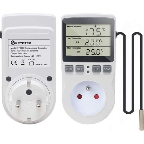 Ulisem Prise Thermostat Regulateur de Temperature Numerique 220V Chauffage Refroidissement avec Sonde, LCD Prise Contrôleur de Température pour Frigo Incubateur Serre Ventilateur (1/4)