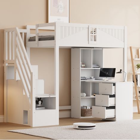 Etagenbett 90/200 cm blanco con escritorio, cajones y almacenaje, diseño funcional (1/5)