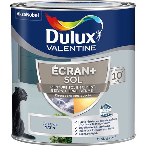 Ecran+ Sol - Peinture solvantée pour sols Intérieur et Extérieur - Ciment, béton, dalles, parquets et escaliers - Satin Gris Clair 0,5 L - Dulux Valentine