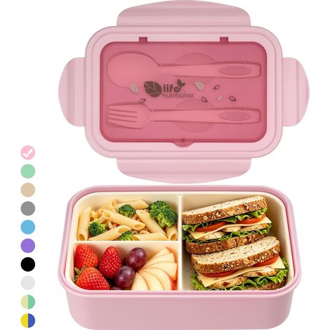 Grande contenitore per il pranzo bento da 1400 ml per adulti e bambini, a tenuta stagna, con 3 scomparti e posate, adatto al microonde, ideale per la scuola e l'ufficio (20 × 13,5 × 7 cm). (1/5)