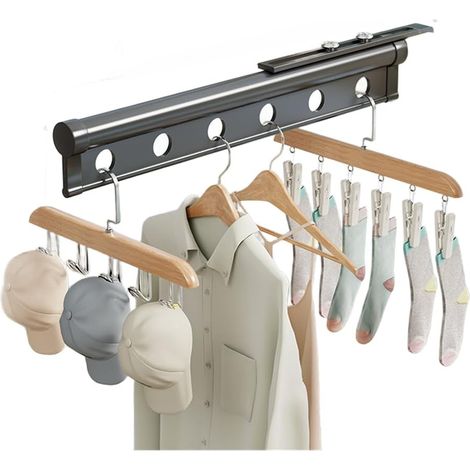 Séchoir à linge réglable en métal pour balcon, cintre extensible à une seule tringle avec design coupe-vent, économiseur d'espace, petit appartement, gris (1/5)