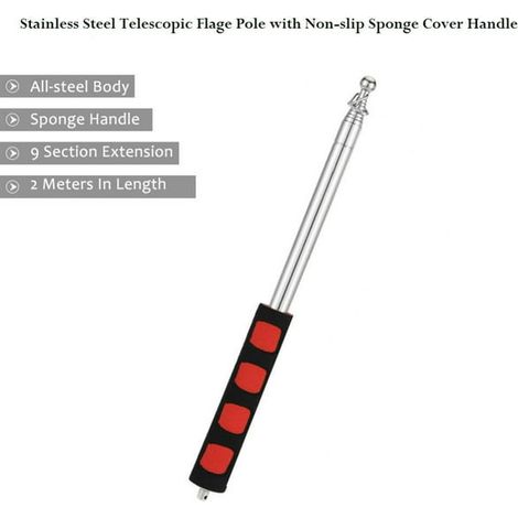Perche télescopique pliable 79" en acier inoxydable, hampe drapeau rétractable pour guide touristique, enseignant, fanion et pancarte, poignée antidérapante mousse noire et rouge (1/5)