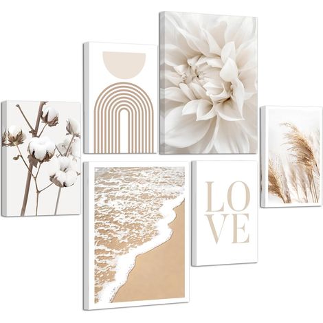 6 Pcs Beige Love Fleurs Roseaux Tableau Decoration Murale Encadre Set, Esthétique Blanc Floral Plantes Affiche Deco Murale Littoral Côte Tableau Peinture Sur Toile Déco Salon Chambre Cuisine Bureau (1/5)
