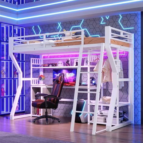 Lit Mezzanine 90x200 - 204x131.5x180cm - avec Bureau LED Prise de Courant Penderie et Étagères de Rangement - Blanc (1/5)