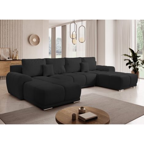 Tendencio – Canapé d'angle panoramique convertible en U noir – Tissu anti tâche hydrophobe – Surface de couchage 320 x 140 cm – Grand coffre de rangement