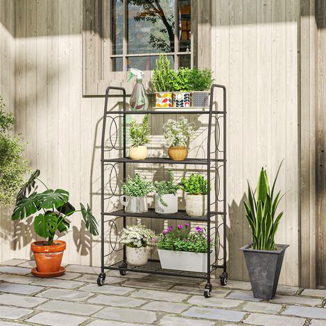 Étagère à fleurs en métal 4 niveaux avec roues intérieur et extérieur plantes noir support de 67 x 29 x 114 cm aménagement intérieur