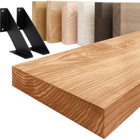 LAMO Manufaktur étagère murale en bois massif, bord régulier, étagère de rangement Vintage, bois foncé / équerre noire 70cm, LWG-01-A-004-70VS