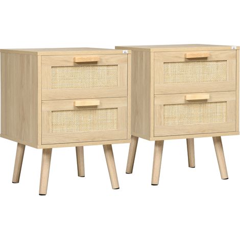 Set 2 Comodini per Camera da Letto Stile Boho con 2 Cassetti, 40x40x56cm, Legno Naturale