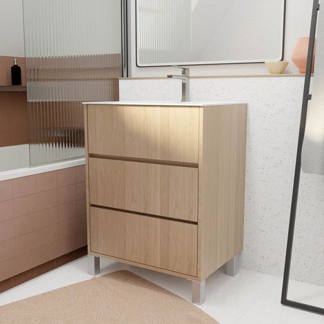 Pack Mueble de Baño 60 cm Roble Claro 3 Cajones con Lavabo de Cerámica
