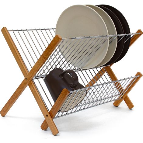 Relaxdays CROSS Bamboo And Chromed Steel Draining Rack: 27 x 38 x 29 cm Drying Rack Folding Dish Drainer For Plates, Cups, Glasses, Natural