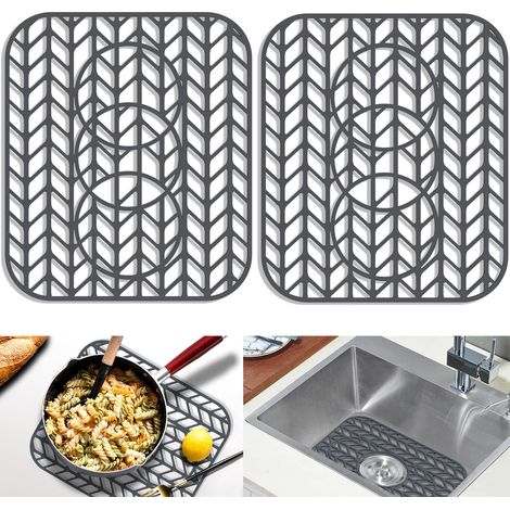 Lot de 2 protections d'évier pour évier de cuisine, 34,6 x 29,5 cm, pliable, antidérapant, en silicone, grille pour fond d'évier de ferme, porcelaine et acier inoxydable avec 3 trous réservés (1/5)