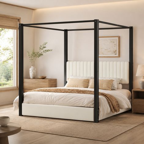 Cama con dosel tapizada 180 x 200 cm con cabecero, estructura metálica, beige y negro HAVRYA (1/5)