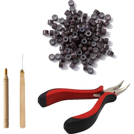 Kit per extension per capelli, ago per micro-trazione, micro anelli in silicone, combinazione marrone scuro (1/2)