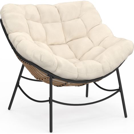 LOA, sdraio da giardino in rattan con cuscino ecrù