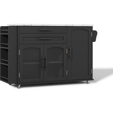 Îlot de cuisine mobile avec plan de travail rabattable, chariot de cuisine, 5 roues, multiples solutions de rangement, range-épices, tiroir à couverts, 120 x 45 (70) x 90 cm