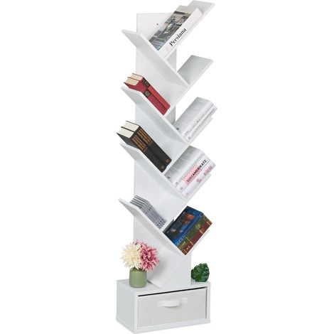 Relaxdays Scaffale Libreria, Mobile Stretto da Terra con 9 Ripiani ad Albero per Libri, CD e DVD, 146x38x22 cm, Bianco
