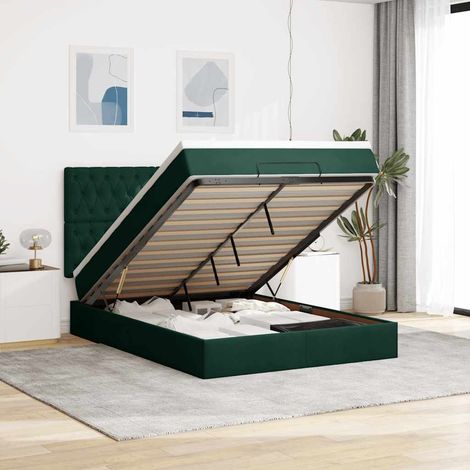 Estructura cama otomana colchones terciopelo verde oscuro (1/5)