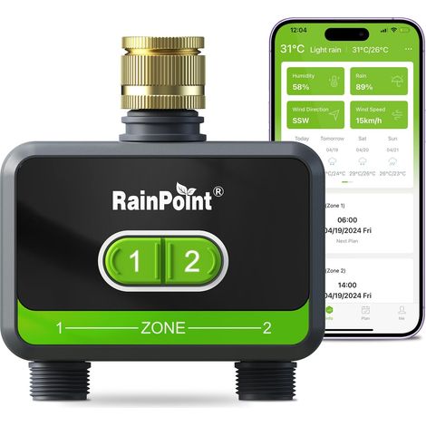 RAINPOINT Outputs Bluetooth Watering Timer Brass Input Automatic Garden Watering Timer with APP / Voice Control Garden Irrigation System Without WiFi Hub (1/5)