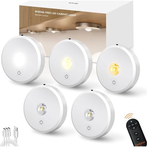 Puck Lights with Remote Control Rechargeable, Wireless Under Cabinet Lighting, 2000mAh Battery Operated Tap Push Touch Lights (White, 5 Pcs) (1/5)