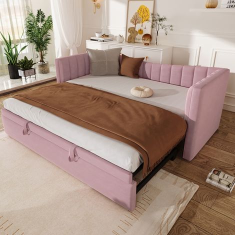 lit chambre gigogne extensible 90x200 velours rose OKMYHOME