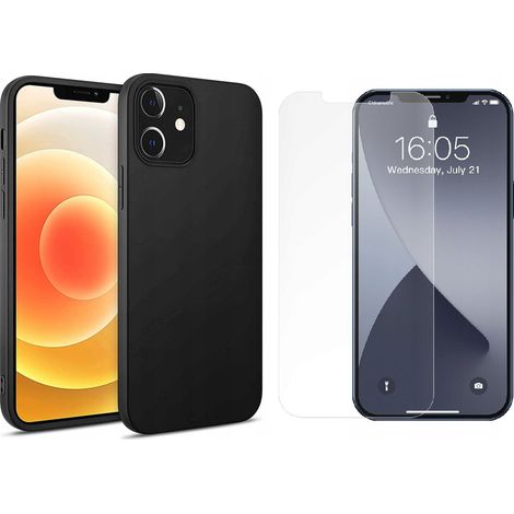 Coque pour APPLE IPHONE 12 MINI, dos en silicone mat souple noir + verre trempé (1/4)