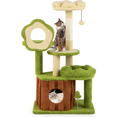 Arbre à chat multi-niveaux avec niche, perchoir et griffoir, tour pour chats avec jouets et couchage vert (1/5)