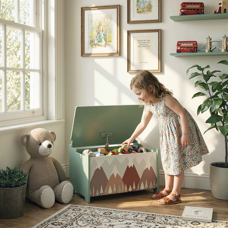 Coffre de rangement pour jouets d'enfant avec couvercle et charnières de sécurité en MDF. 60 x 37 x 39 cm. Vert.