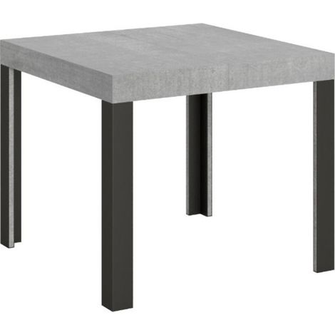 Petite table carrée 90/90 cm extensible 10 personnes 90 à 246 cm gris béton et pieds métal gris foncé Liva (1/5)