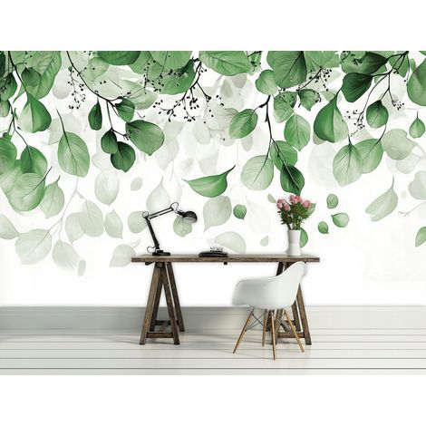 Vlies Fototapete Blätter 200x140 cm, Tapeten, für Wohn und Schlafzimmer, Vliestapete Wandtapete Tapete 3D Effekt- inkl. Kleister - botanisch Blumen Grün Weiß, WallArena (1/4)