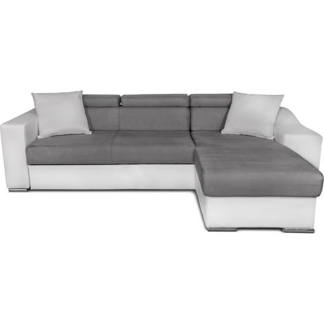 Canapé d'angle convertible 4 places – Bi-matière blanc et gris – Méridienne réversible – Coffre de rangement – Dimensions 264x162x75 cm – Usinestreet (1/5)
