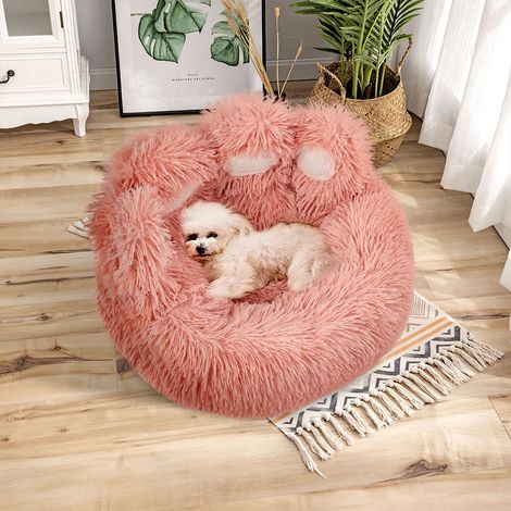 Cute Pink Warm Bear Paw Dog Kennel Soft Plush Pet Bed Diameter 60cm (1/5)
