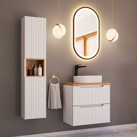 Ensemble meuble simple vasque 60cm 2 tiroirs et colonne Riva Blanc et Bois (1/5)