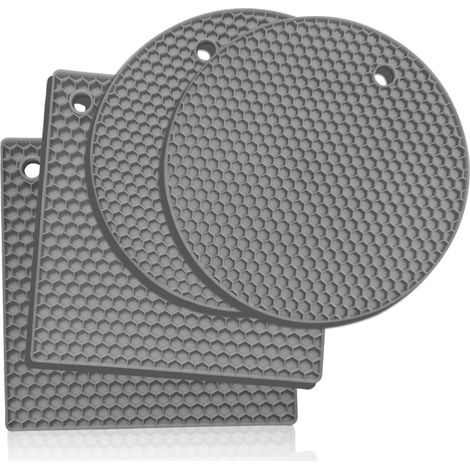 JSSEVN - Set of 4 Round and Square Silicone Trivets, Silicone Trivet Mats, Heating Pads – Can Opener, Tongs, Garlic Peeler, Drying Mat, Coasters (Light Grey) (1/5)