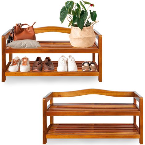 Deuba 2er Set Schuhregal Schuhablage Holzregal Akazienholz 2 Etagen Blumenregal Badregal Holz