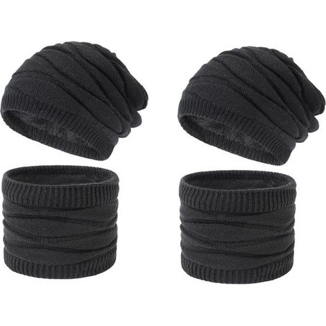 Conjunto de gorro, bufanda y gorro de punto grueso de 2 piezas, Gorro y bufanda lisos, Gorro de punto, Resistente al frío y cálido, Negro (1/5)