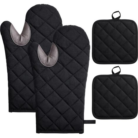 Lot de 2 gants de cuisine avec 2 maniques, résistants à la chaleur, en coton antidérapant, gants de cuisson lavables, noirs pour la cuisson, le barbecue, le plat à gratin (1/5)