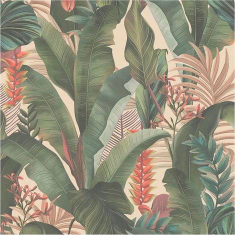 Flowers wallcovering wall Profhome 394351 hot embossed non-woven wallpaper slightly textured with jungle elements matt beige green pink red 5.33 m2 (1/5)