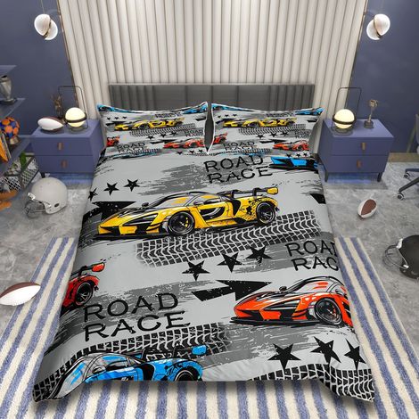 Parure de lit avec housse de couette 135 x 200 cm, effet 3D, motif voitures de course, adolescents, thème sport extrême, jaune, pour enfant garçon (1/5)