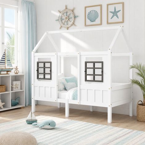 Lit cabane enfant 200x90 cm blanc en pin et MDF, 2 tiroirs, sans matelas - CHICFURN (1/5)