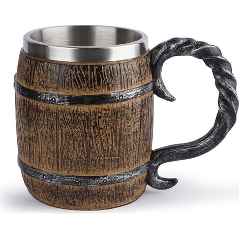 Chope à bière style viking effet tonneau, finition bois, usage bière et boissons chaudes (1/5)