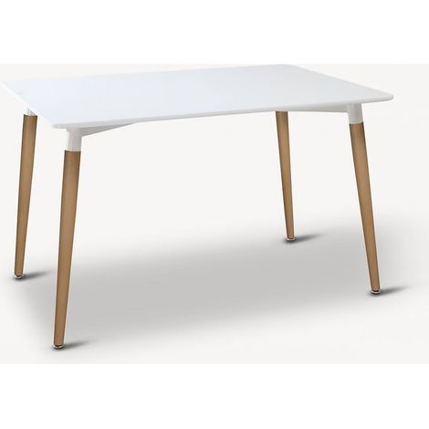 Table à manger rectangulaire scandinave avec plateau blanc et pieds effet bois - Longueur 150 x Profondeur 80 x Hauteur 74,5 cm (1/5)