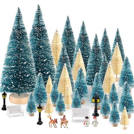 Lot de 35 mini sapins de Noël avec travaux manuels, rennes, bonshommes de neige, bancs, lampadaire, décoration de Noël, fête d'intérieur, table artisanale (vert foncé, beige) (1/5)