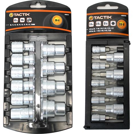 ORION91 Set 10+9 - Llaves Carraca 10 Piezas 1/2 Pulgada CRV 10-24mm y  Llaves Torx 9 Piezas 1/4 y 3/8 CRV Marca TACTIX